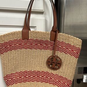 Tory Burch Red and Beige Straw Tote Bag